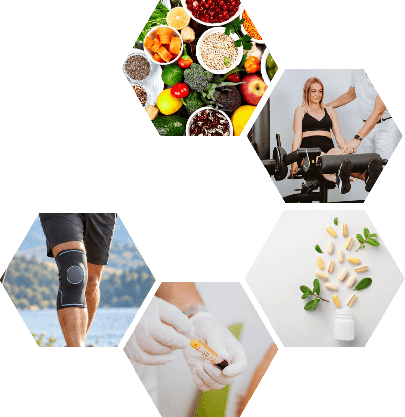 Nutrition, exercise, a knee brace, supplements and an injection around a compass needle