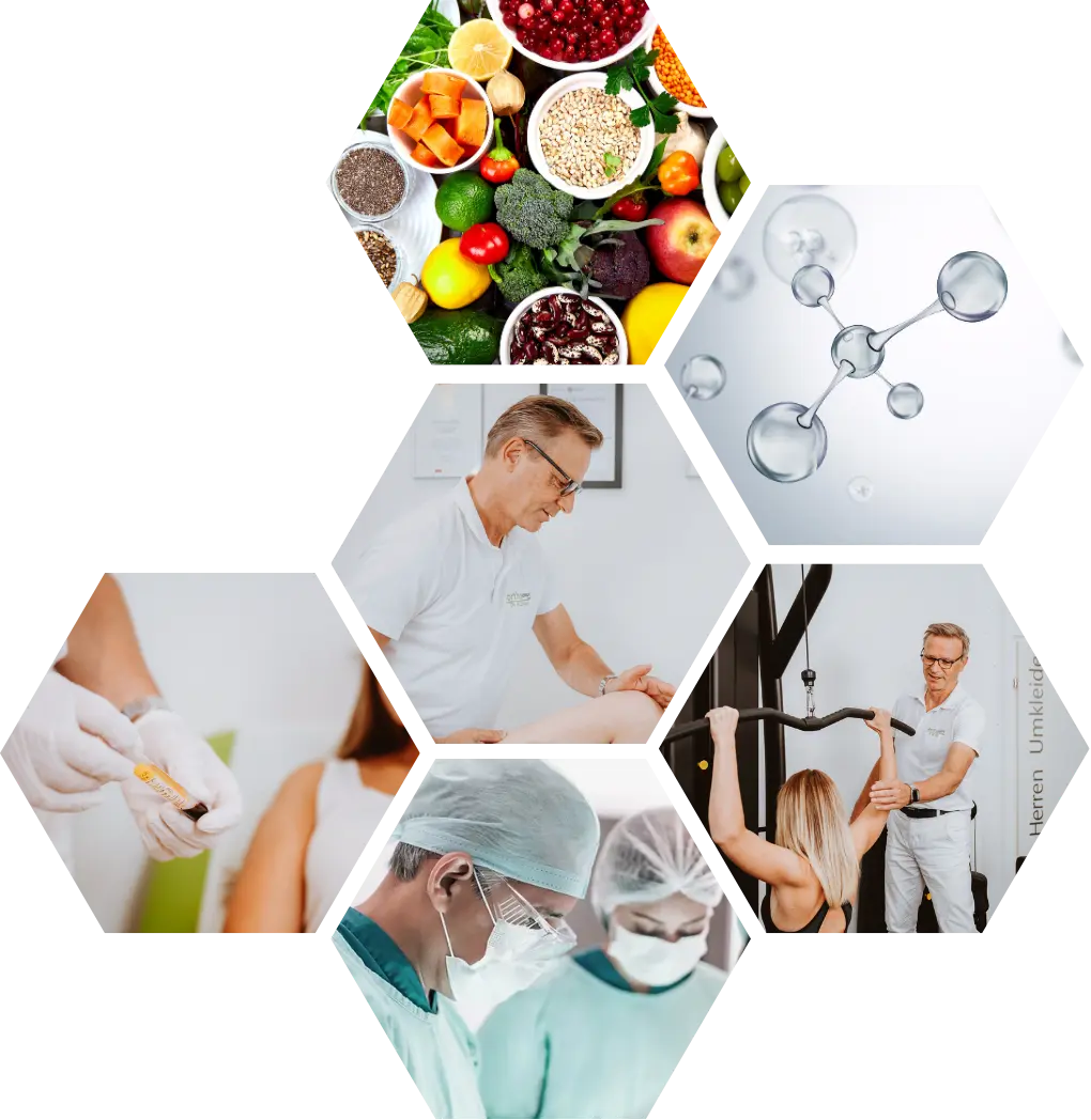 Joint health: a collage showing nutrition, exercise, medical treatment and surgery